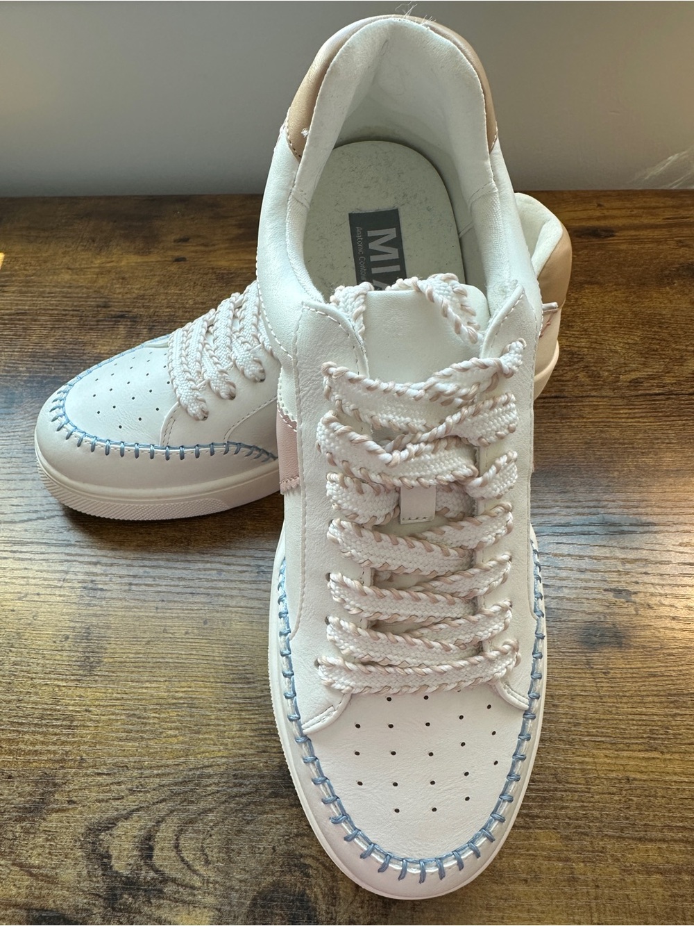 MIA White Sneakers 8.5 white pastel contrast baseball stitching faux leather